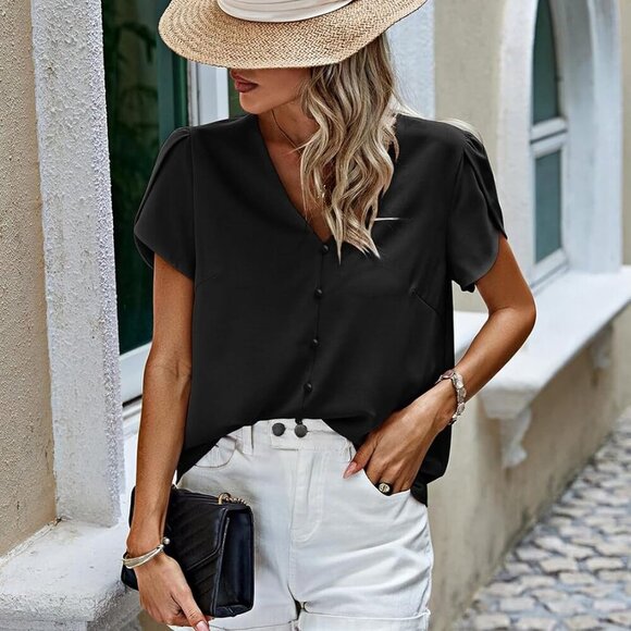 Short Sleeve Women's Blouse - Black, Small, Chiffon, Casual Dressy Spring Summer - Picture 5 of 7